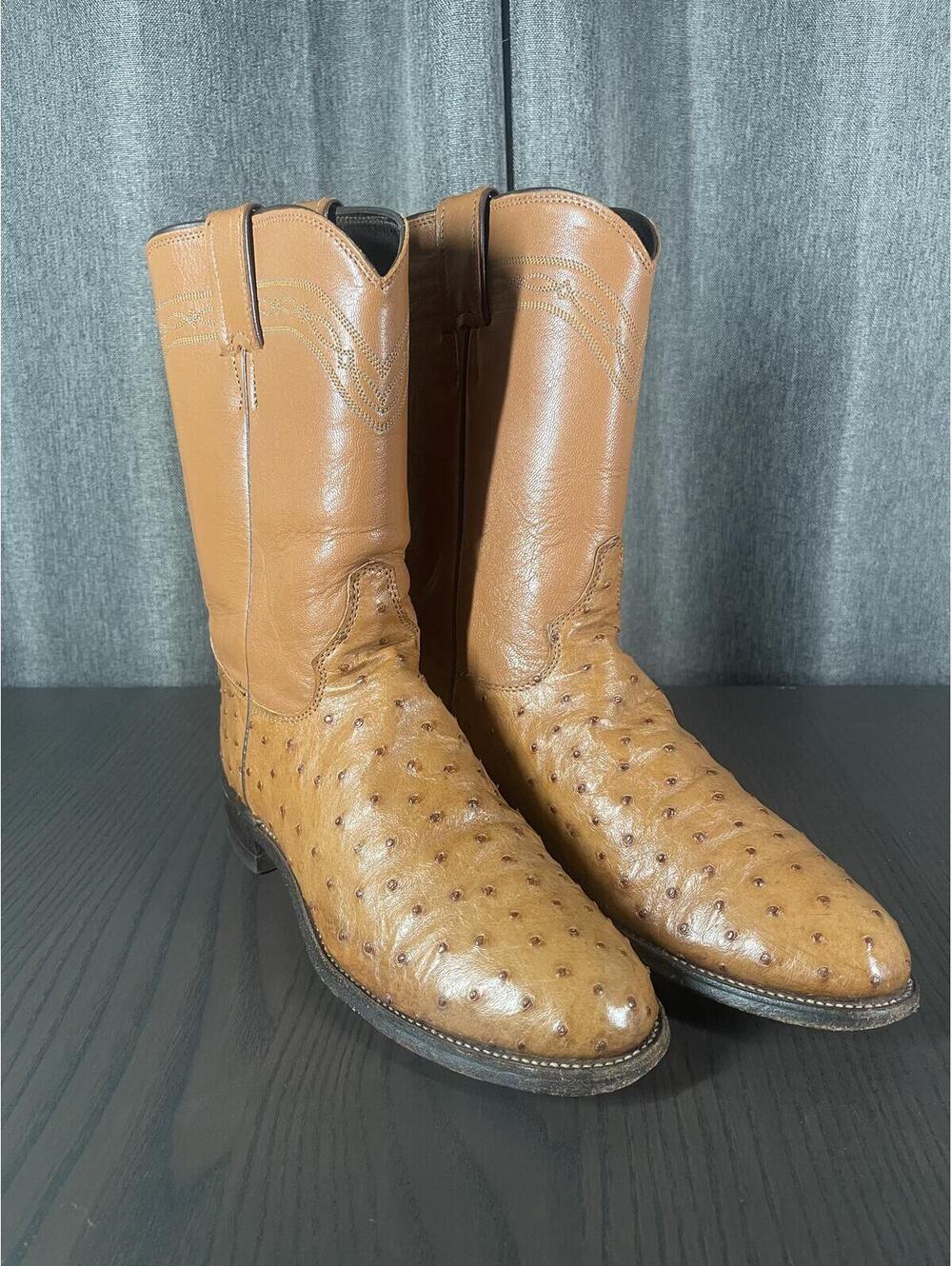 Justin Full Quill Ostrich Cognac Men’s Western Roper Boots sz 7.5 3186